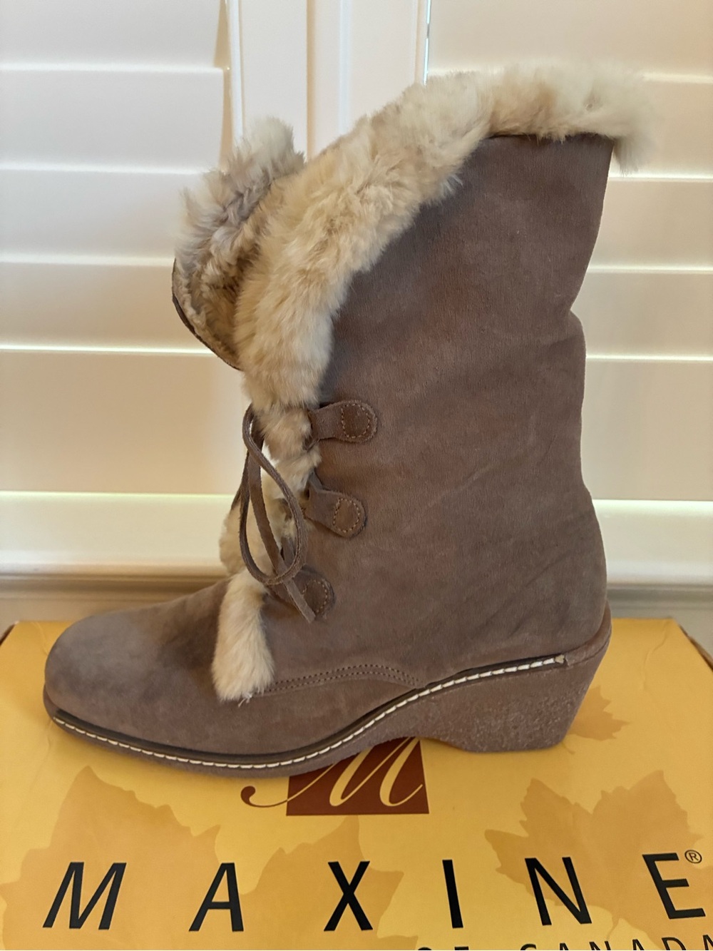 Taupe Suede Fur-lined Wedge Boot for Women by Maxine of Canada Size 8 -Worn Once